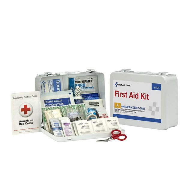 First Aid Only 91325 Full First Aid Kits; Kit Type: Industrial First Aid Kit ; Number Of People: 25 ; Container Type: Kit ; Container Material: Metal ; Mount Type: None; Portable ; Color: White
