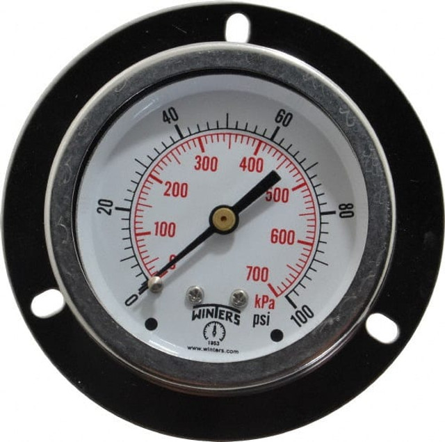 Winters PFQ904-DRY-FF. Pressure Gauge: 2-1/2" Dial, 0 to 100 psi, 1/4" Thread, NPT, Center Back Mount