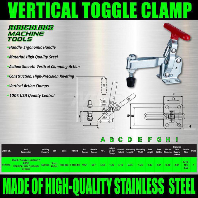 ShopForce 50400 Manual Hold-Down Toggle Clamp: Vertical, 500 lb Capacity, U-Bar, Flanged Base