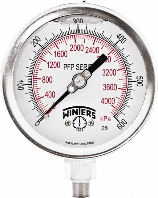 Winters PFP648950954GF. Pressure Gauge: 4" Dial, 1/4" Thread, NPT, Bottom Mount