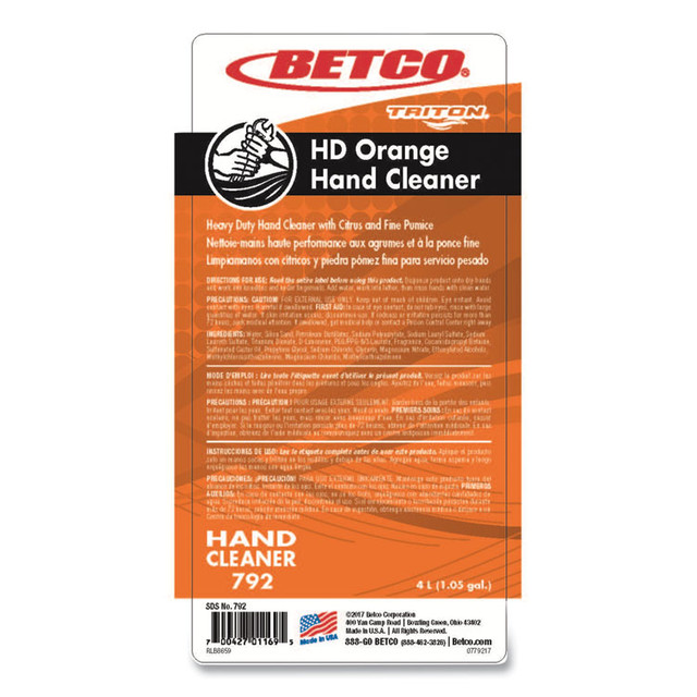 BETCO CORPORATION 7923100 HD Orange Hand Cleaner Refill, For Triton Dispensers, Citrus Zest Scent, 4 L, 4/Carton