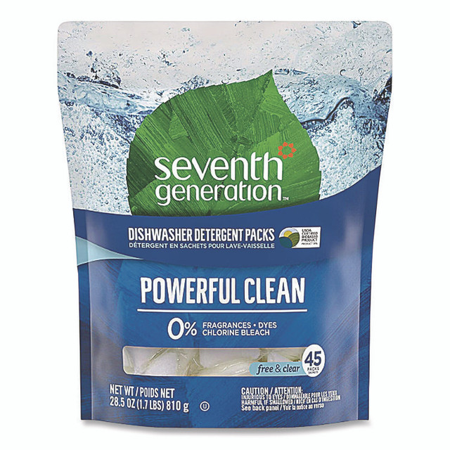 SEVENTH GENERATION 45180CT Natural Automatic Dishwasher Detergent Packs, Free and Clear, 45 Powder Packets/Box, 5 Boxes/Carton