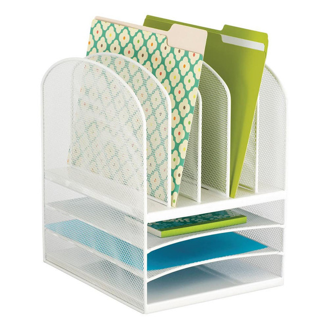 Safco SAF3266WH Desktop File Organizers; File Holder Type: Desk Organizer ; Overall Width: 12 ; Overall Depth: 9.5 ; Color: White ; Overall Height: 13 ; Material: Steel Mesh