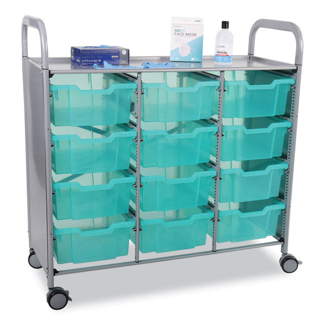 GRATNELLS USA, LLC SASET074429 Callero Plus 3-Column Trolley Set 13, Antimicrobial, Metal, 12 F2 Deep Bins, 40.6" x 17.3" x 41.5", Silver/Translucent Kiwi