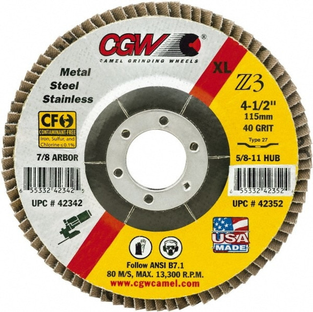 CGW Abrasives 53064 Flap Disc: 7/8" Hole, 60 Grit, Zirconia Alumina, Type 29