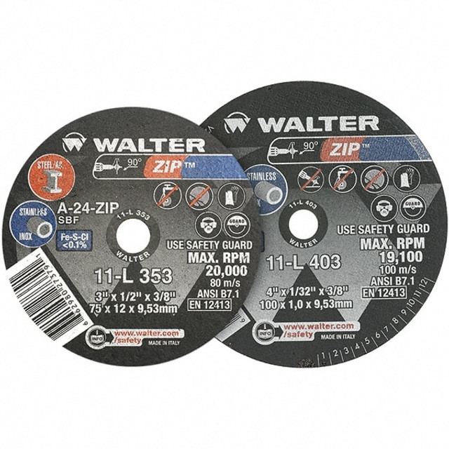 WALTER Surface Technologies 11L323 Cut-Off Wheel: Type 1, 3" Dia, 1/8" Thick, 3/8" Hole, Aluminum Oxide