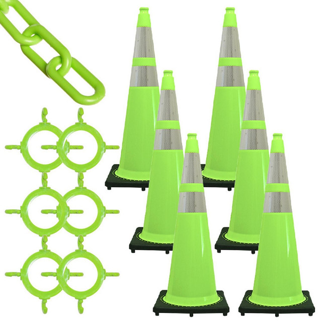 Mr. Chain 97277-6 Traffic Cone with Reflective Collar & Chain Kit: Plastic, Safety Green, 50' Long, 2" Wide