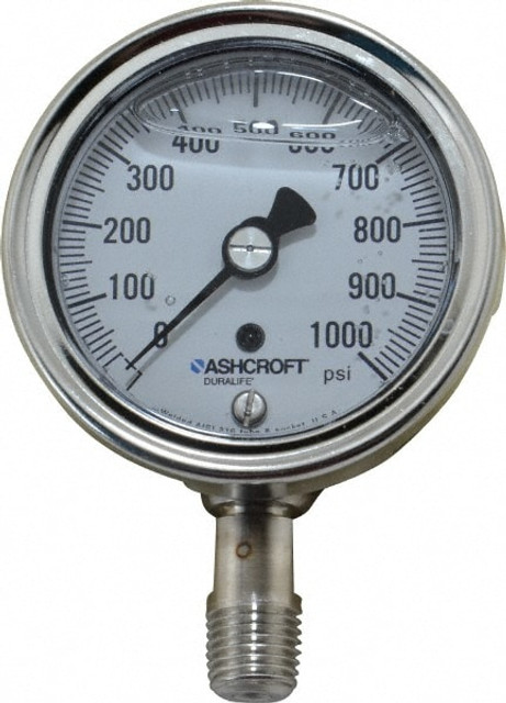 Ashcroft 94212 Pressure Gauge: 2-1/2" Dial, 0 to 1,000 psi, 1/4" Thread, NPT, Lower Mount