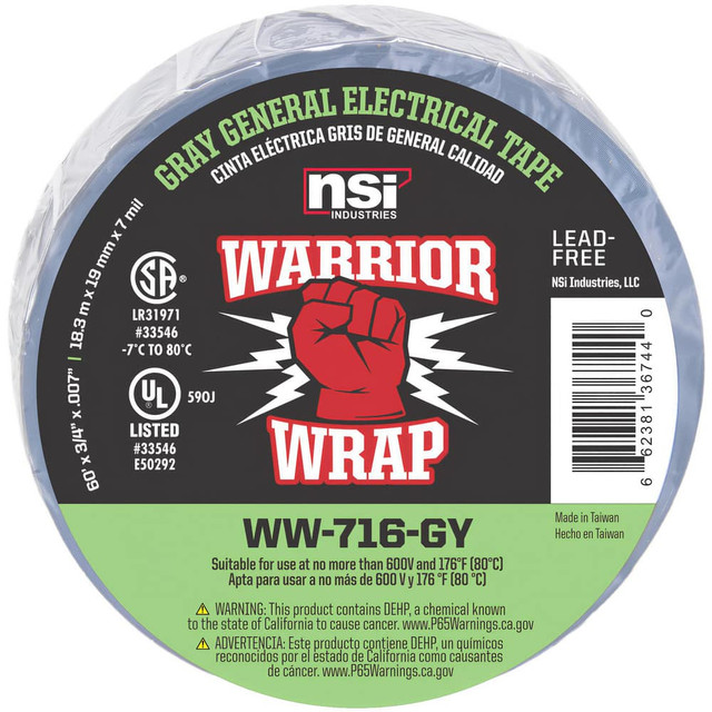 NSI Industries WW-716-GY Electrical Tape; Tape Material: Vinyl ; Width (Inch): 3/4 ; Thickness (mil): 7.0000 ; Color: Gray ; Series: General Use ; Series Part Number: WW-716-GY