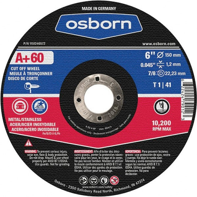 Osborn 1151246572 Cutoff Wheel: 6" Dia, 0.045" Thick, 7/8" Hole, Aluminum Oxide