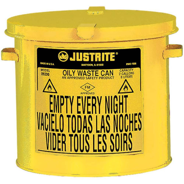 Justrite. 09200Y Oily Waste Cans & Receptacles; Capacity: 2.000 ; Material: Steel ; Material: Galvanized Steel ; Color: Yellow ; Color: Yellow; Yellow ; Opening Style: Hand Operated