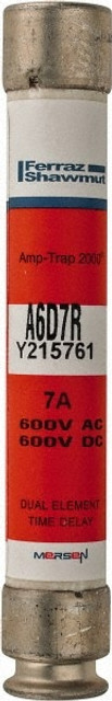 Ferraz Shawmut A6D7R Cylindrical Time Delay Fuse: RK1, 7 A, 127 mm OAL, 21 mm Dia