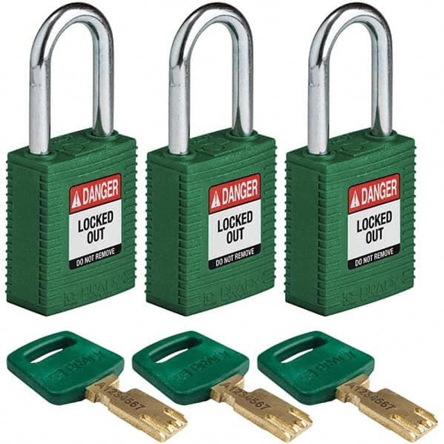 Brady 150341 Lockout Padlock: Keyed Alike, Key Retaining, Nylon, Steel Shackle, Green