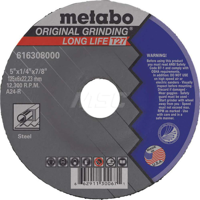 Metabo 616308000 Depressed Center Wheel: Type 27, 5" Dia, 1/4" Thick, 7/8" Hole, Aluminum Oxide