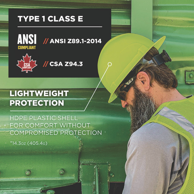 TENACIOUS HOLDINGS, INC. ergodyne® 60232 Skullerz 8969 Class E Lightweight Full Brim Hard Hat, 6-Point Rachet Suspension, Lime