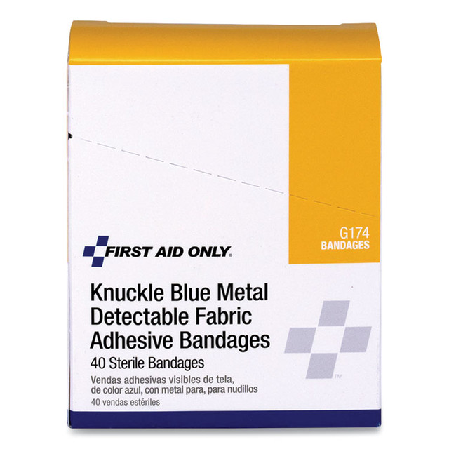 FIRST AID ONLY, INC. G174 Blue Metal Detectable Fabric Adhesive Bandages, Four-Wing Knuckle, 1.5 x 3, 40/Box