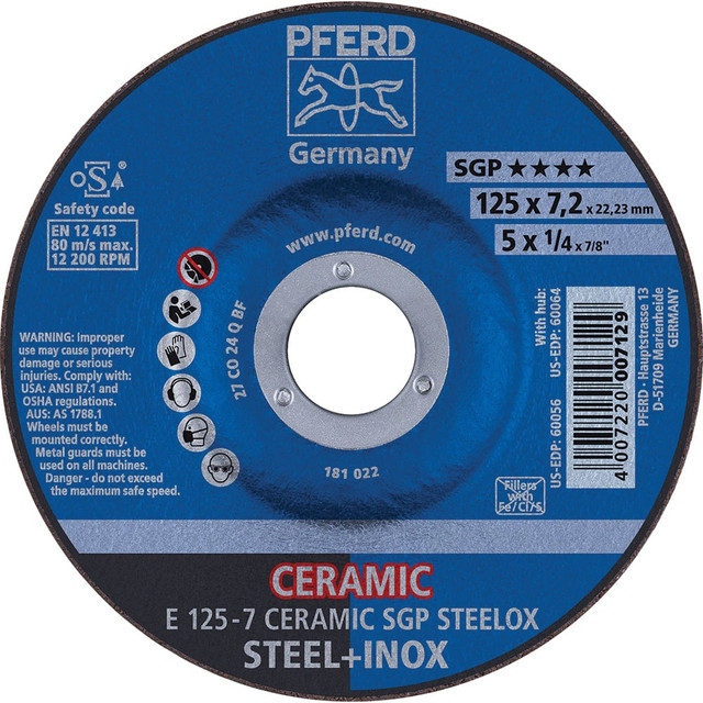 PFERD 62212300 Depressed Grinding Wheel:  Type 27,  5" Dia,  1/4" Thick,  7/8" Hole,  Ceramic Oxide