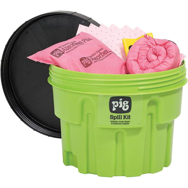 New Pig KIT312 Spill Kits; Kit Type: Chemical & Hazardous Material Spill Kit; Container Type: Drum; Absorption Capacity: 11 gal; Color: Hi-Vis Green; Portable: No; Capacity per Kit (Gal.): 11 gal