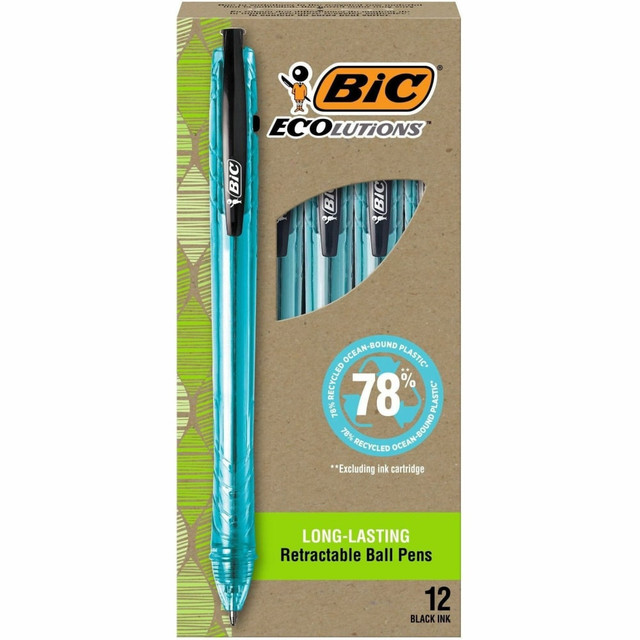BIC CORP BPRR11BK BIC Ecolutions Ballpoint Pens, Medium Point, 1 mm, Semi-Clear, Black, Pack Of 12 Pens BIC CORP BPRR11BK BIC Ecolutions Ballpoint Pens, Medium Point, 1 mm, Semi-Clear, Black, Pack Of 12 Pens
