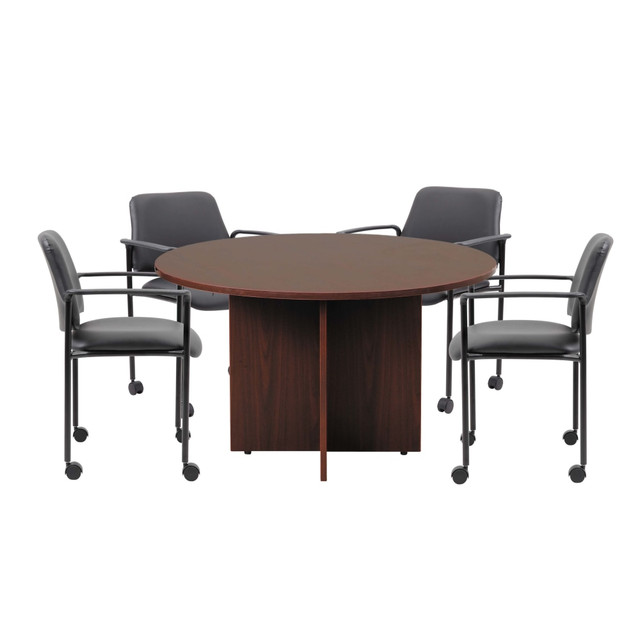 NORSTAR OFFICE PRODUCTS INC. Boss GROUP127M-D  Office Products Round Table And 4 Stackable Guest Chairs Set, 42in Diameter, Mahogany/Black