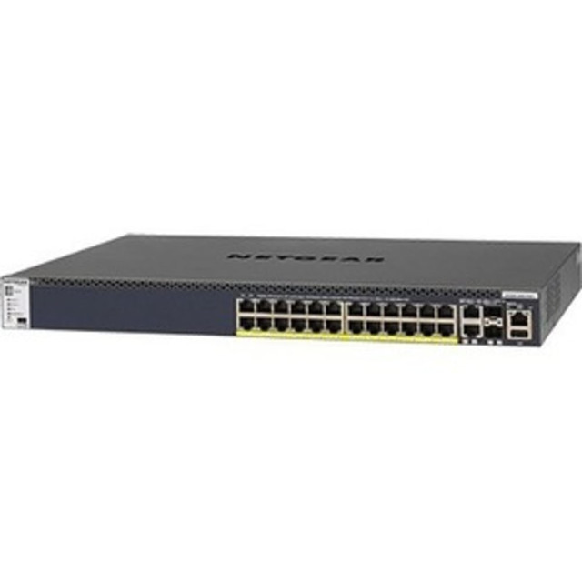 NETGEAR INC. Netgear GSM4328PB-100NES  M4300 24x1G PoE+ Stackable Managed Switch with 2x10GBASE-T and 2xSFP+ (1000W PSU) - 26 Ports - Manageable - Gigabit Ethernet, 10 Gigabit Ethernet - 10GBase-T, 1000Base-T, 10GBase-X - 3 Layer Supported - Modular 