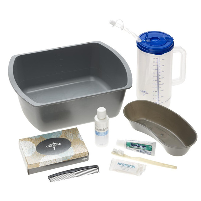 Great for busy medical facilities, these admission kits provide an array of important accessories. The kit comes with a water pitcher, a 9 oz tumbler, deodorant soap and more to help you tend to your patients.  Includes a comb, an emesis basin, a water pitcher, a foam pitcher jacket, a bar of deodorant soap, a soap dish with ridges, a box of facial tissue, a 9 oz tumbler and a wash basin.  Pitcher features a handle and lid.  Tissue box comes with 40 sheets to help patients manage a cold.  Rectangular wash basin holds up to 6 qt.