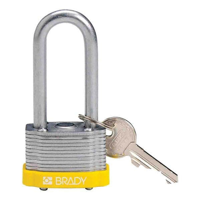 Brady 143148 Lockout Padlock: Keyed Different, Key Retaining, Steel, 2" High, Steel Shackle, Yellow