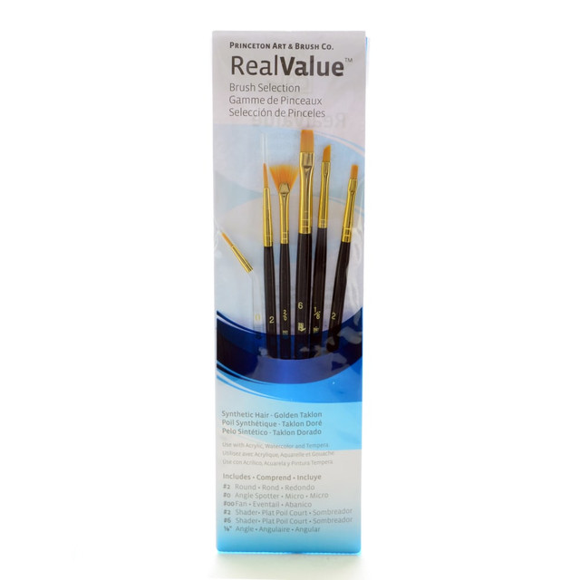 PRINCETON ARTIST BRUSH CO. 9133 Princeton Real Value Series 9133, Assorted Sizes, Golden Taklon, Synthetic, Blue, Set Of 6