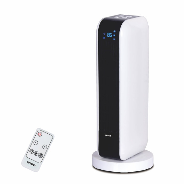 OPTIMUS ENTERPRISE, INC. 995109272M Optimus 1500-Watt Digital Oscillating Tower Heater With Remote, 17in x 4in, White OPTIMUS ENTERPRISE, INC. 995109272M Optimus 1500-Watt Digital Oscillating Tower Heater With Remote, 17in x 4in, White