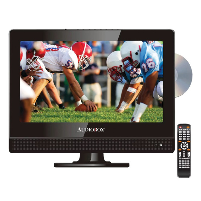 Stay up to date with your favorite shows while traveling with this 13in TV. The TV/DVD combo is compatible with a wide range of media formats and features a variety of common inputs. The widescreen TV makes it easy to get immersed in shows and movies.  13in widescreen display provides HD resolution for easy viewing.  Supports NTSC and ATSC signals as well as DVD, CD, CD-RW, CD-R and VCD discs. Also supports JPEG, BMP and PNG image files, MP3 and WMA audio files and MKV, AVI, MOV, VOB, FLV, 3GP, DAT, MPEG, MPG, MP4, TS and TRP video files.  HDMI, VGA, RCA, aux and USB inputs for simple connectivity. USB drive supports up to 32GB for digital music and video.  2 built-in speakers help provide great audio quality.  Can be mounted to the wall with VESA-compatible mounts (75 x 75 or 100 x 100).  Can be plugged into a vehicles accessory port for on-the-road use.  Comes with a remote control, an antenna, a stand, a car charger and an AC adapter.  Backed by the manufacturers 1-year limited warranty.