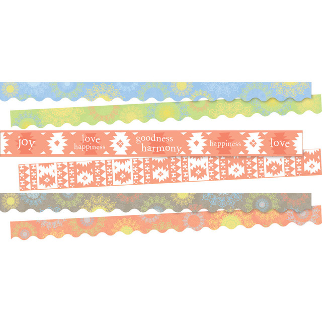 Hang these Barker Creek Double-Sided Border Strips around your classroom to create a bright and vibrant learning environment. The strips feature scalloped and straight edges with designs on both sides for flexibility.  Comes with 26 scalloped-edge 2-1/4in x 36in strips and 12 straight-edge 3in x 35in strips.  Ideal for decorating bulletin boards, frame doorways, defining learning centers and more.  Crafted from card stock for lasting beauty.  Double-sided borders allow for versatile decorating options.  Great for offices, classrooms, and party spaces  Each border is printed on both sides for twice the decorating punch  Set includes straight-edge and scalloped-edge borders  Straight-edge strips measure 3in x 35in, 12 strips in this set  Scalloped-edge strips measure 2-1/4in x 36in, 26 strips in this set  Scalloped edging provides a fun, whimsical look  Made of thick card stock  Total of 35 feet of straight edge border and 78 feet of scalloped edge border in set -- 113 feet each of 3 double-sided designs