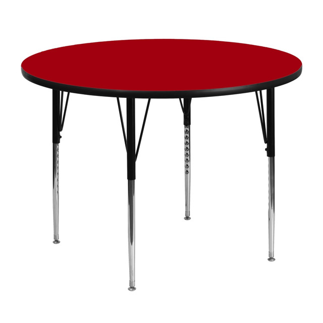 Foster collaboration in your classroom with the Flash Furniture 48ft" Round Thermal Laminate Activity Table. From early childhood to adult settings, this height-adjustable activity table accommodates a variety of users and compensates for uneven floors with self-leveling floor glides. Thanks to the scratch- and stain-resistant surface, this table is made to last in your classroom, daycare center or community room.  Popular Round Activity Table  Scratch and Stain Resistant Surface  1.125in Thick Thermal Fused Laminate Top  Protective Edge Band  16 Gauge Tubular Steel Legs  Powder Coated Upper Legs and Chrome Lower Legs  Legs Adjust in 1in Increments  Self-Leveling Nylon Floor Glides  Recommended Grade Level: 1st Grade - Adult  Recommended Seating Capacity: 4 Adults  6 Children  This product is heavy and/or oversized and may need more than one person to handle.