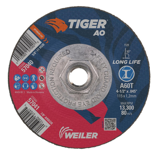 Weiler 57040 Depressed Center Wheel: Type 27, 4-1/2" Dia, 0.045" Thick, Aluminum Oxide