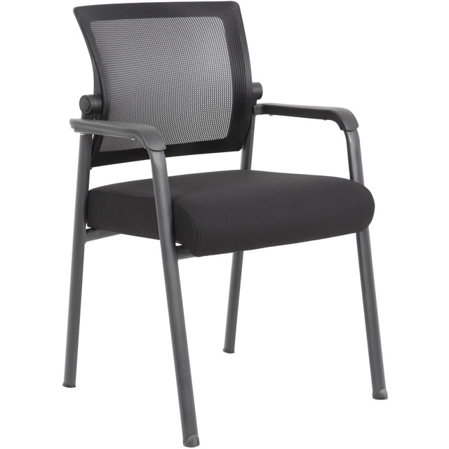 Upgrade your reception area with this visitor chair from Boss Office Products. A guest chair with arms encourages your clients and customers to lean back and relax as they wait. Durable steel legs with rubber glides stand up to frequent use.  Overall Dimensions: 32-1/2inH x 24inW x 23inD.  Weight capacity tested to support 275 lb.  Steel legs.  Mid back.  Mesh-back waiting chair.  Fabric-upholstered seat.  Fixed padded armrests.  Visitor chair with rubber floor glides.  Assembly required.