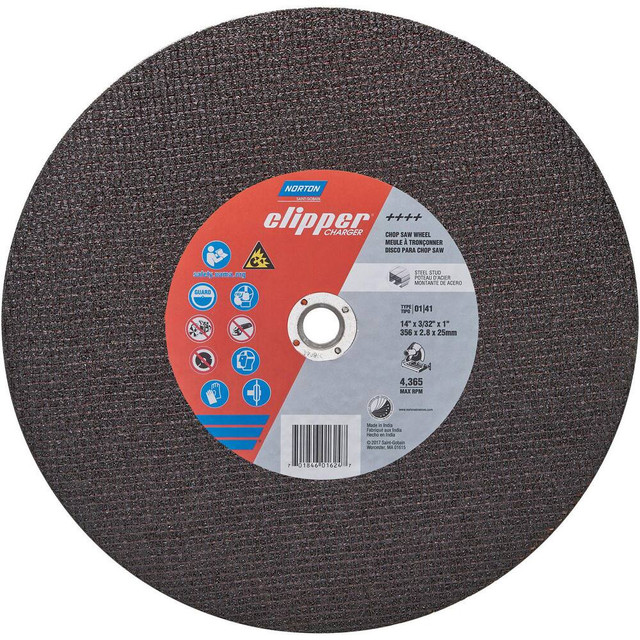 Norton 70184601624 Cutoff Wheels; Wheel Diameter (Inch): 14 ; Wheel Thickness (Inch): 3/32 ; Hole Size (Inch): 1 ; Abrasive Material: Aluminum Oxide ; Reinforced: Reinforced ; Bond Type: Resinoid