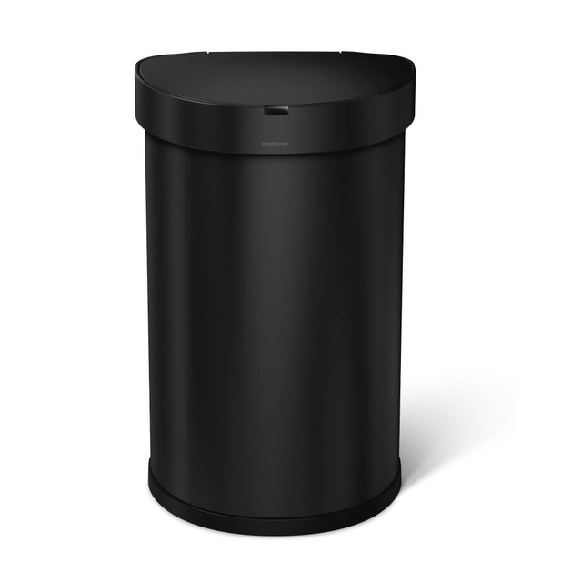 SIMPLEHUMAN LLC ST2044 simplehuman Semi-Round Sensor Stainless Steel Trash Can With Liner Pocket, 12 Gallons, 25-1/4inH x 15-7/16inW x 12-13/16inD, Matte Black SIMPLEHUMAN LLC ST2044 simplehuman Semi-Round Sensor Stainless Steel Trash Can With Liner Pocket, 12 Gallons, 25-1/4inH x 15-7/16inW x 12-13/16inD, Matte Black