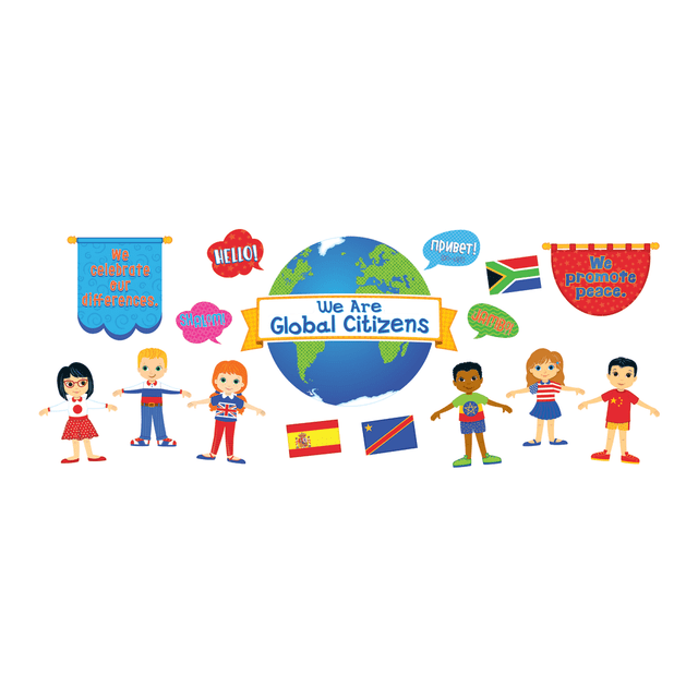 Take a trip around the world without leaving your classroom! You can set up the diverse set of figures around your board and teach your students a variety of ways to say "hello" to their neighbors at home and abroad.  42-piece set helps spark global conversations about diversity and different cultures in your classroom. Includes 12 multicultural figures from 10 countries, "hello" translations, a globe and flags from around the world.  Nonadhesive pieces are easy to arrange around your board.  Recommended for preschool through 5th grade.