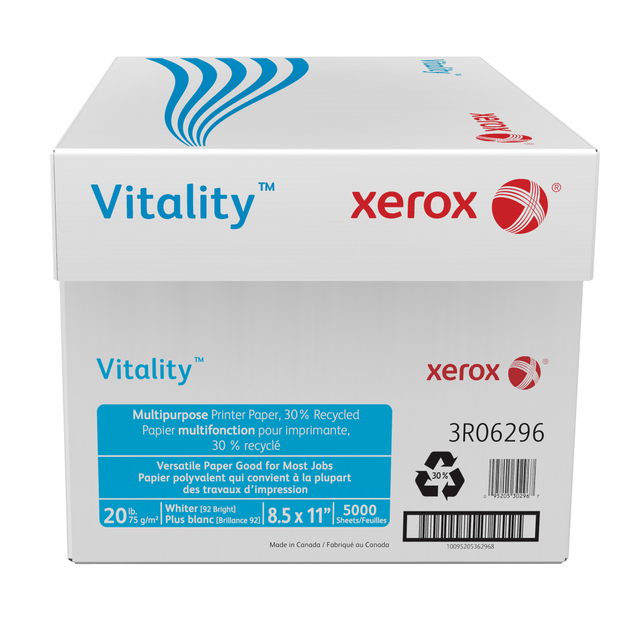 XEROX CORPORATION 3R06296 Xerox Vitality Multi-Use Printer & Copy Paper, White, Letter (8.5in x 11in), 5000 Sheets Per Case, 20 Lb, 92 Brightness, 30% Recycled, FSC Certified, Case Of 10 Reams