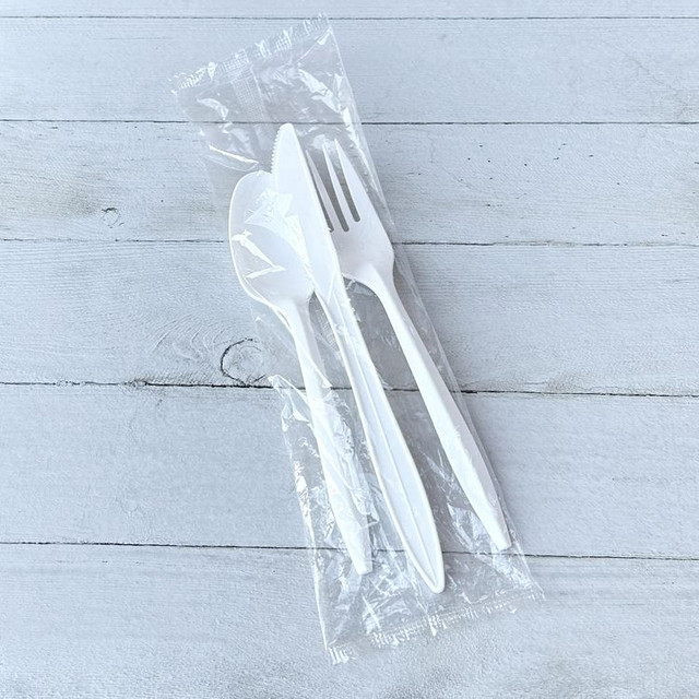 BOARDWALK 3KITWHPS Three-Piece Cutlery Kit, Fork/Knife/Teaspoon, Mediumweight, White, 250/Carton