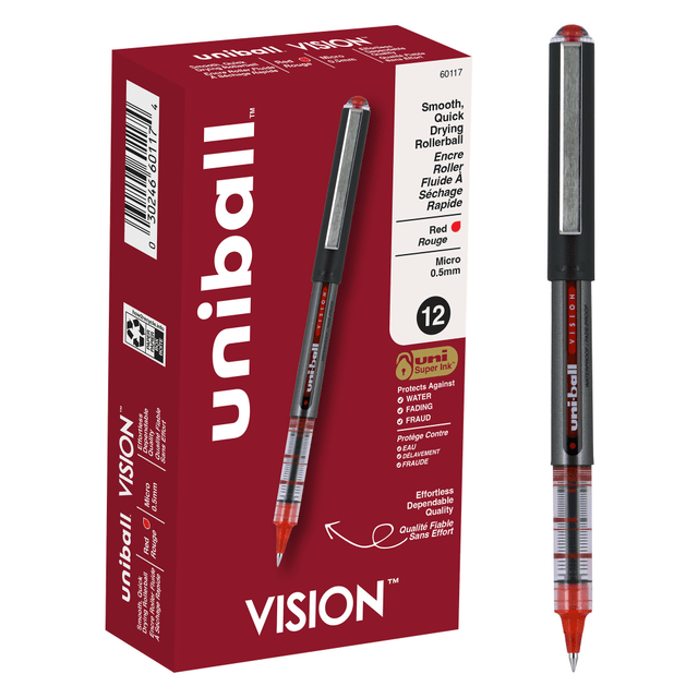 NEWELL BRANDS INC. 60117 uni-ball Vision Rollerball Pens, Micro Point, 0.5 mm, Black Barrel, Red Ink, Pack Of 12