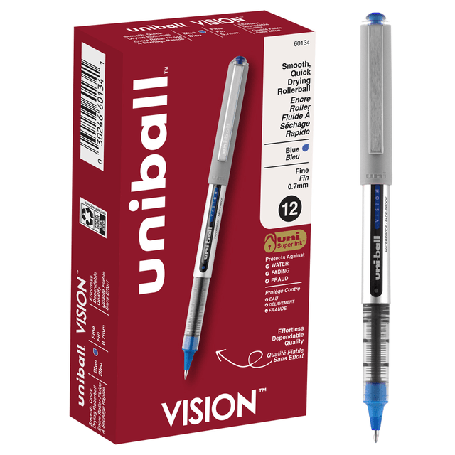 NEWELL BRANDS INC. 60134 uni-ball Vision Rollerball Pens, Fine Point, 0.7 mm, Gray Barrel, Blue Ink, Pack Of 12