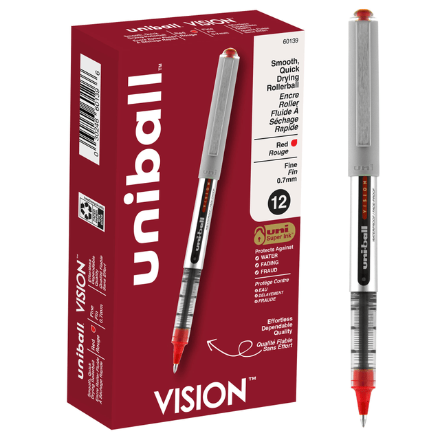 NEWELL BRANDS INC. 60139 uni-ball Vision Rollerball Pens, Fine Point, 0.7 mm, Gray Barrel, Red Ink, Pack Of 12 NEWELL BRANDS INC. 60139 uni-ball Vision Rollerball Pens, Fine Point, 0.7 mm, Gray Barrel, Red Ink, Pack Of 12