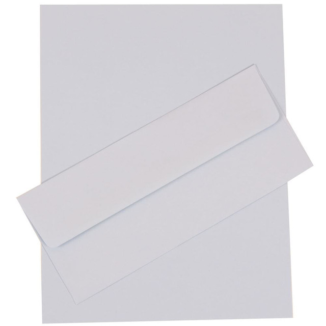 Great for sending thoughtful and personalized notes, this JAM Paper business stationery set makes it easy to say thank you to a colleague or vendor that has gone out of their way for you. The thick, textured paper has a premium feel thats sure to set it apart from other everyday mailings.  Made from textured, 25-lb paper.  50 sheets of 8 1/2in x 11in paper along with 50 matching #10 envelopes let you send special announcements and personal mail.  Paper and envelopes are both blank and printable, so you can customize the set to suit your needs.  Baby blue set of 50 sheets and envelopes adds a distinctive look to your correspondence.