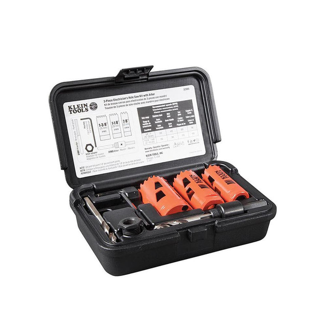 Klein Tools 32905 Hole Saw Kits; Maximum Saw Diameter (Decimal Inch): 1-3/8 ; Number of Hole Saws: 3 ; Cutting Edge Style: Toothed ; Material: Bi-Metal ; Material Application: Wood, Plastic, Mild and Stainless Steel ; Kit Type: Electrician's