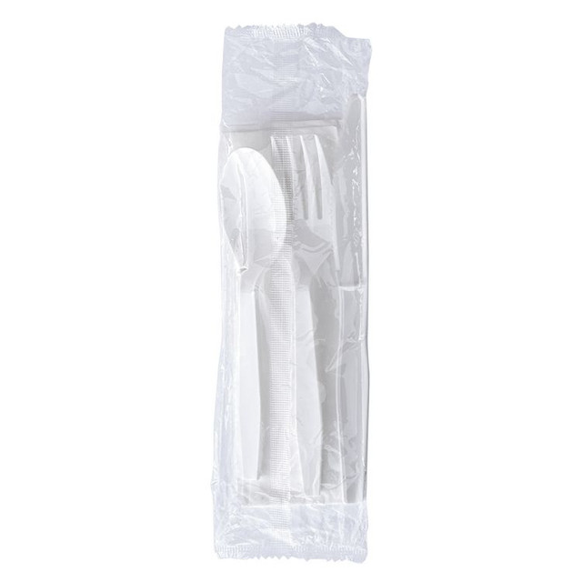 BOARDWALK 4KITWHPS Four-Piece Polystyrene Cutlery Kit, Mediumweight, Fork/Knife/Napkin/Spoon, Plastic, White, 250/Carton