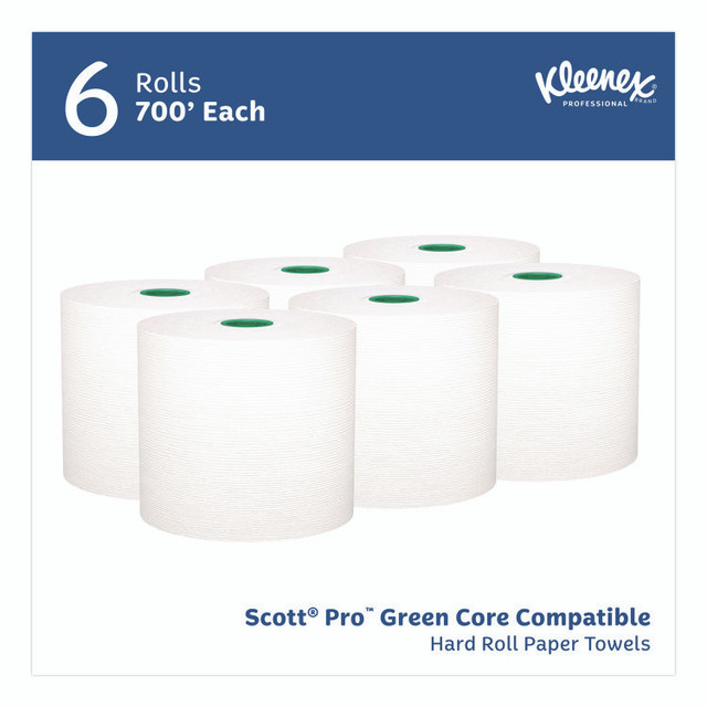 KIMBERLY-CLARK PROFESSIONAL Kleenex® 25630 Hard Roll Paper Towels with Premium Absorbency Pockets with Colored Core, Green Core, 1-Ply, 7.5" x 700 ft, White, 6 Rolls/CT