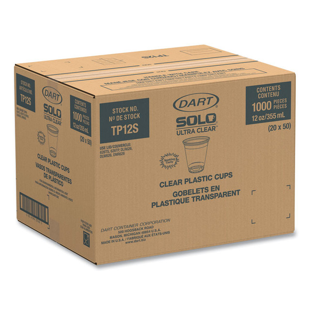 DART SOLO® TP12S Ultra Clear Cups, 12 oz, Plastic, 50 Cups/Bag, 20 Bags/Carton
