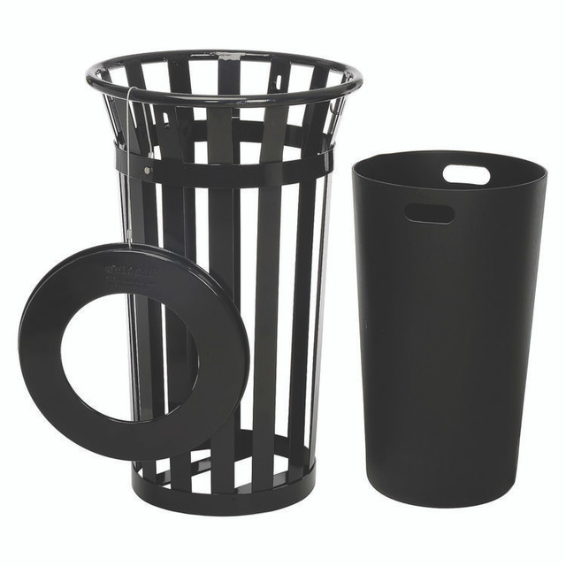 GLOBAL INDUSTRIAL 237725BK Outdoor Slatted Steel Trash Can, 24 gal, Black