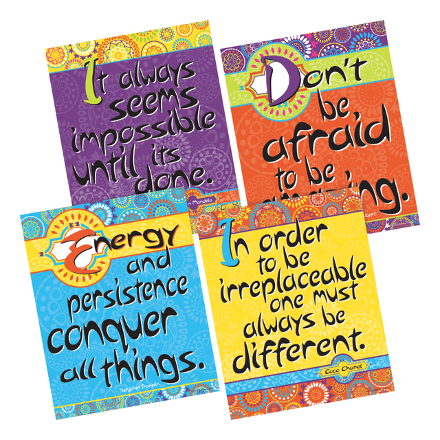 Creating a positive environment for learning can help motivate students to push past their boundaries. These colorful art prints provide kids with an inspiring quote that can spark their imaginations.  Eye-catching art prints contain motivational quotes that help nurture a positive learning environment.  Multi-design Set includes features beautiful colors and designs.  Each of the four pieces measures 8in x 10in.  These art prints are perfect for the classroom, workplace or home!  Frame them or hang them "as is"!