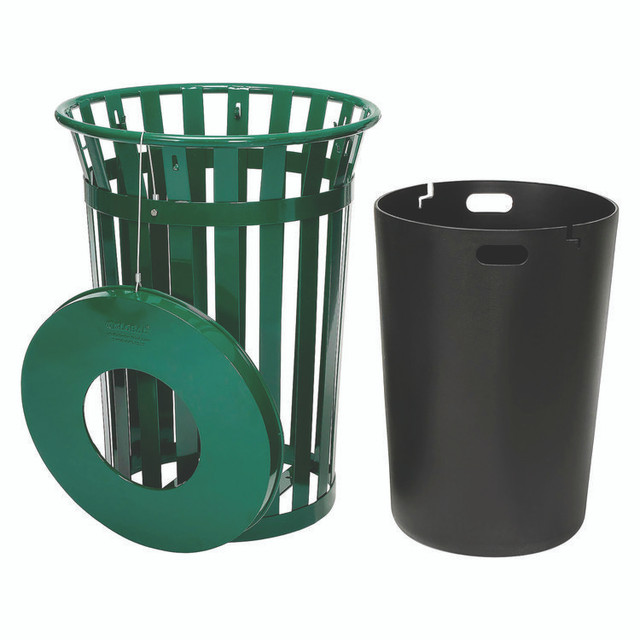 GLOBAL INDUSTRIAL 237726GN Outdoor Slatted Steel Trash Can, 36 gal, Green